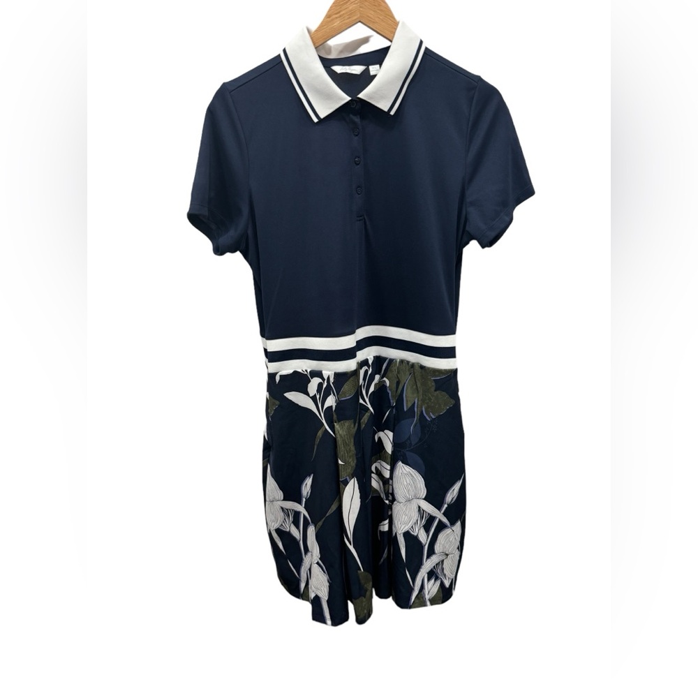 Lady Hagen Navy Polo Midi Dress with White Trim and Green Floral Skirt - Picture 2 of 12